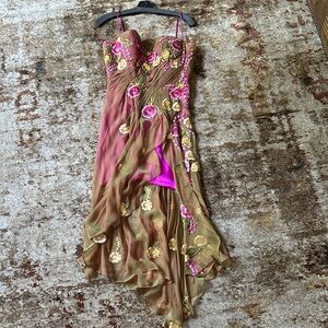 Baracci Haute Couture Elegant Floral High-Low Dress in Pink and green
